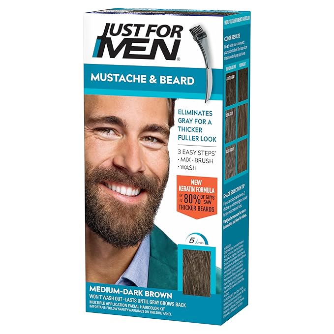 Just For Men Mustache & Beard, Beard Coloring for Gray Hair with Brush, With Keratin Biotin Aloe and Coconut Oil for Healthy Facial Hair - Medium-Dark Brown, M-40, Pack of 1 (Packaging May Vary)