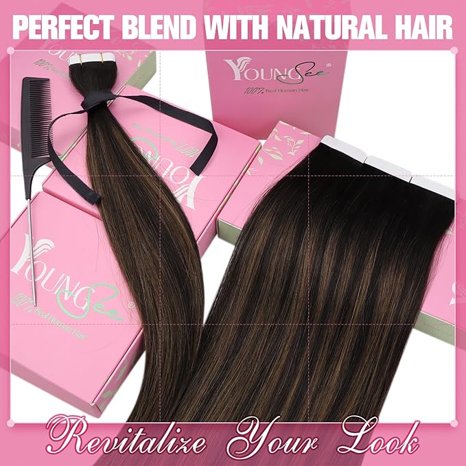 YoungSee Tape in Hair Extensions Real Human Hair Brown Tape Hair Extensions Balayage Dark Brown with Medium Brown Tapein Hair Extensions Real Human Hair Long Hair Extensions 24In 20pcs 50g