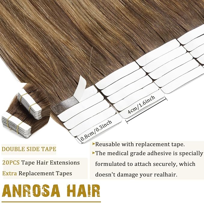 Anrosa Tape in Hair Extensions Double Sided Remy Tape in Hair Extensions Human Hair 14 Inch Silky Human Hair Tape in Extensions for Woman Medium Brown to Blonde with Medium Brown Roots 20pcs 50G
