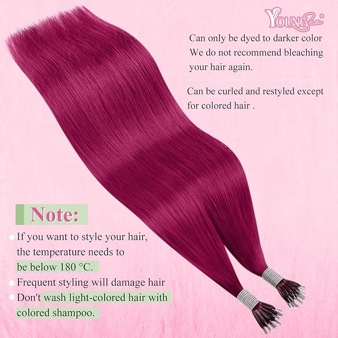 YoungSee Nano Hair Extensions Magenta Nano Beads Hair Extensions 16inch Burgundy Nano Ring Hair Extensions Colored Nano Tip Extensions Silky Straight Nano Loop Hair Extensions Red Cold Fusion 25s 25g