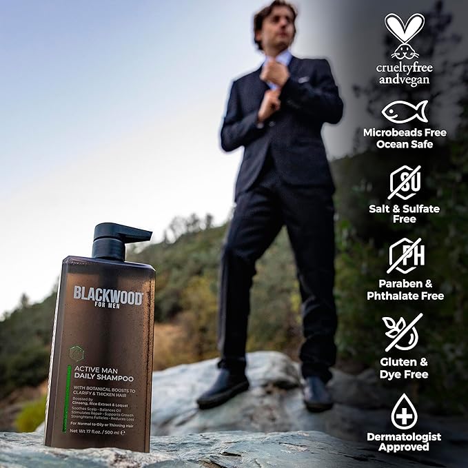 BLACKWOOD FOR MEN Active Man Daily Shampoo - Thickening & Clarifying Shampoo for Normal to Oily Hair or Scalp - Fights Hair Loss - Natural Vegan Formula - Sulfate Free with Ginseng & Aloe Vera (17oz)