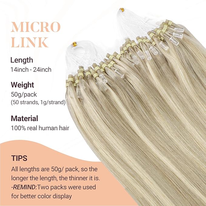 MAXITA Microlink Hair Extensions Human Hair, Ash Blonde Highlighted Platinum Blonde Micro Bead Hair Extensions Virgin Human Hair, 50g/50 Strands/Pack, 22 In