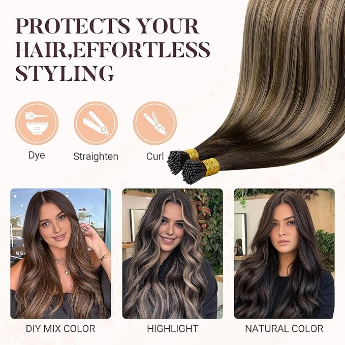 MAXITA I Tip Hair Extensions Human Hair, Balayage Chocolate Brown to Caramel Blonde 100g/50s 24 Inch,Comfortable Wear, 100% Remy Human Hair, Real Human Itip Keratin Hair Extensions