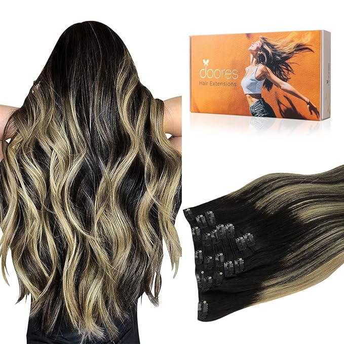 DOORES Clip in Hair Extensions Human Hair, Balayage Natural Black to Light Blonde 7pcs 120g 14 Inch, Remy Extensions Real Human Hair Straight Weft