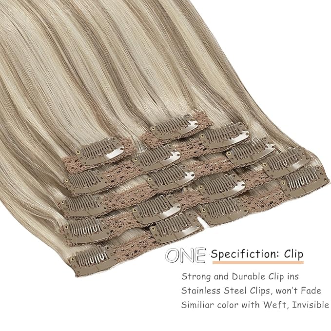Caliee Clip in Hair Extensions P18/613 Ash Blonde Highlighted Bleach Blonde Real Human Hair Extensions Clip ins Double Weft Lace Invisible Silky Straight Natural Hair 20Inch 140G