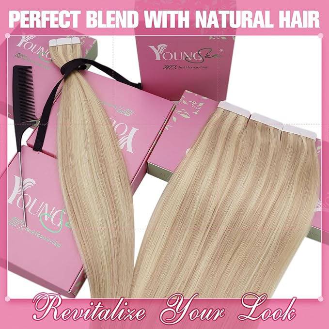 YoungSee Tape in Hair Extensions Real Human Hair Blonde Highlight Tape in Hair Extensions Light Blonde and Strawberry Blonde Highlight Human Hair Extensions Tape in 20In 20pcs 50g Seamless Extensions