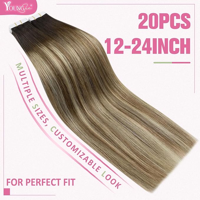 YoungSee Tape in Hair Extensions Human Hair Balayage Brown Hair Extensions Real Human Hair Tape in Dark Brown Ombre Medium Brown with Blonde Hair Tape in Extensions Remy Hair Extensions 14In 20pcs 50g