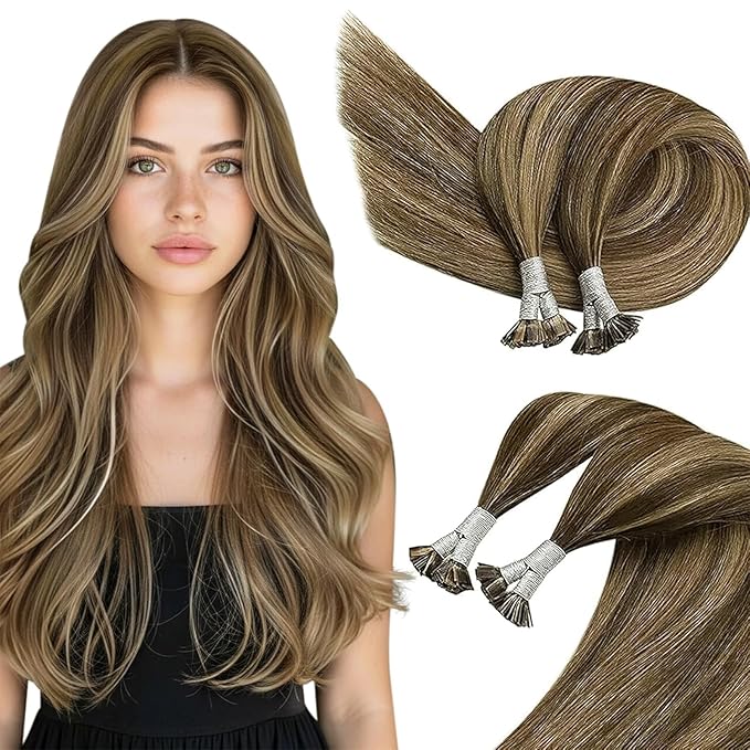 Sunny Hair Flat Tip Hair Extensions Human Hair Dark Brown with Caramel Blonde K Tip Hair Extensions Real Human Hair 14inch Ktip Human Hair Extensions Invisible 50g