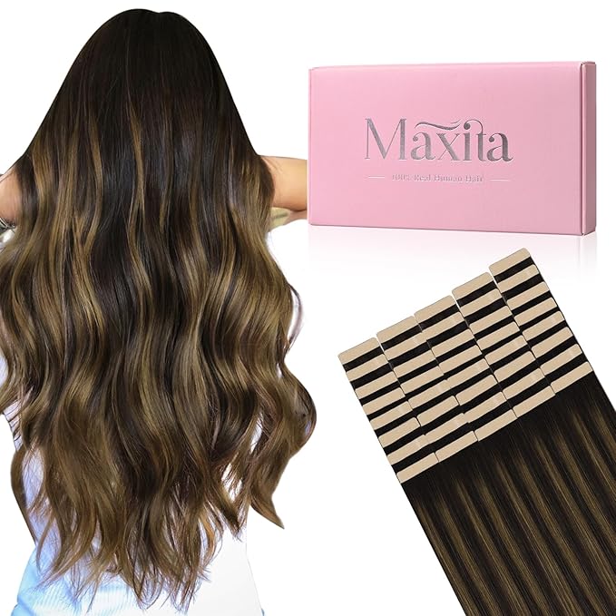 MAXITA Tape in Hair Extensions Human Hair Balayage Dark Brown to Chestnut Brown 14 inch 100g 40pcs Real Human Hair Extensions Natural Hair Extensions Remy Straight Hair