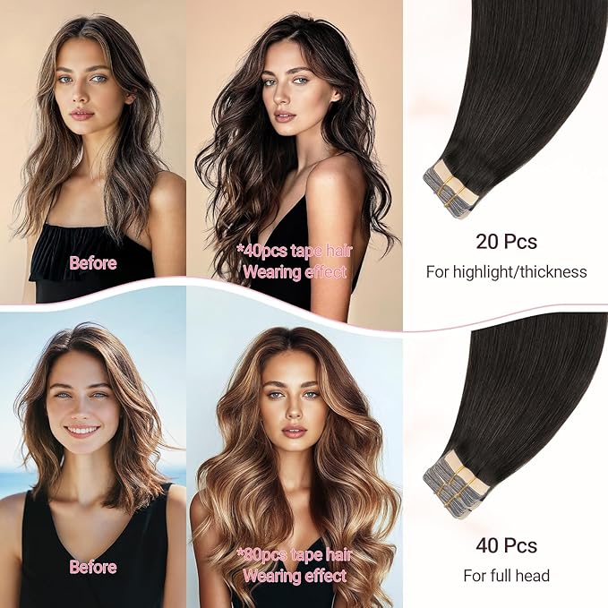 MAXITA Tape in Hair Extensions Human Hair Dark Brown 22 Inch 50g 20pcs Remy Human Hair Straight Seamless Real Hair Extensions Tape in Skin Weft Extensions for Women