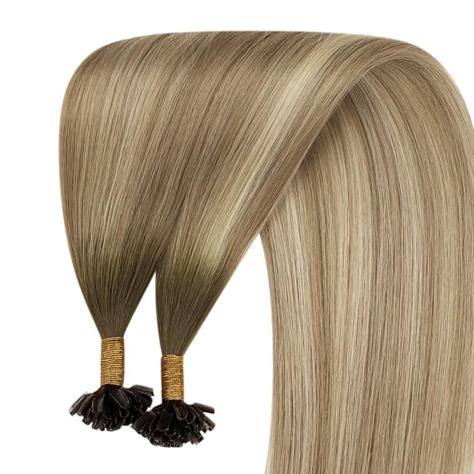 YoungSee U Tip Hair Extensions Balayage Keratin Tip Hair Extensions Balayage 24 Inch Long Utip Extensions Dark Brown Ombre Brown with Blonde U Tips Hair Extensions Real Human Hair for Women 50s/50g