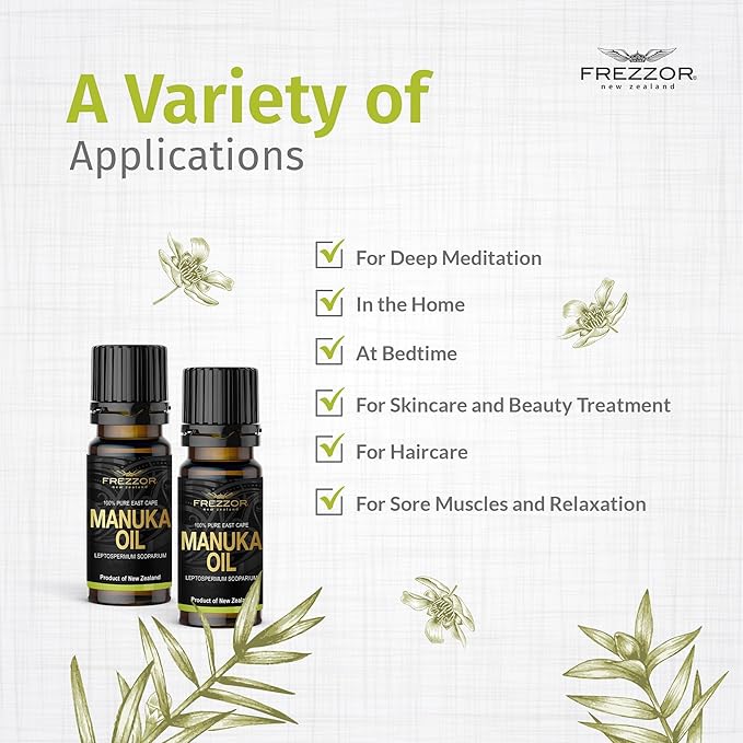 FREZZOR Manuka Essential Oil - Promotes Healthy Nails & Smooth, Acne-Free Skin (10ml) 5 Bottles - 100% Pure Natural High-Grade Manuka Oil Essential Oil for Topical Use & Aromatherapy Diffuser.