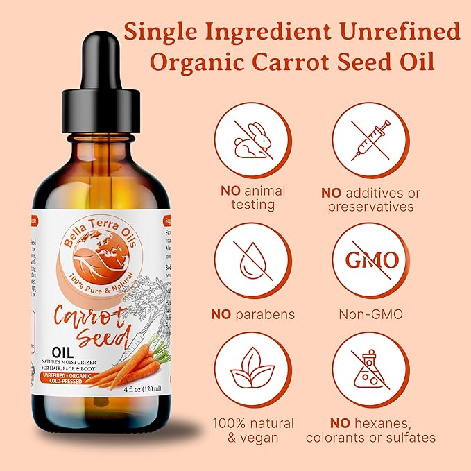 Bella Terra Oils - Organic Carrot Seed Oil 8 oz - Unveiling Organic Carrot's Enzymes & Nutritional Benefits, A Cold-Pressed Delight for a Natural Skin Glow