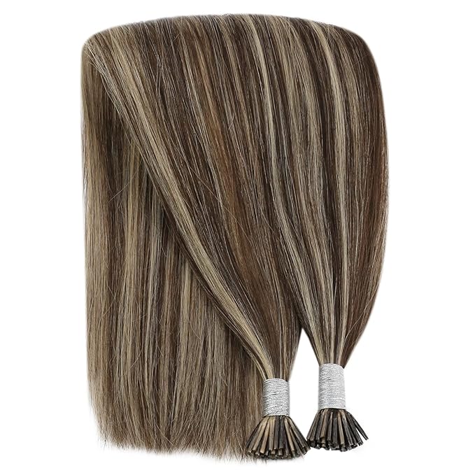 YoungSee Itip Hair Extensions Real Human Hair Brown I Tips Hair Extensions for Women Highlight Dark Brown and Blonde Itip Hair Extension for Long Hair 24In Invisible Keratin Hair Extension 50g 50s