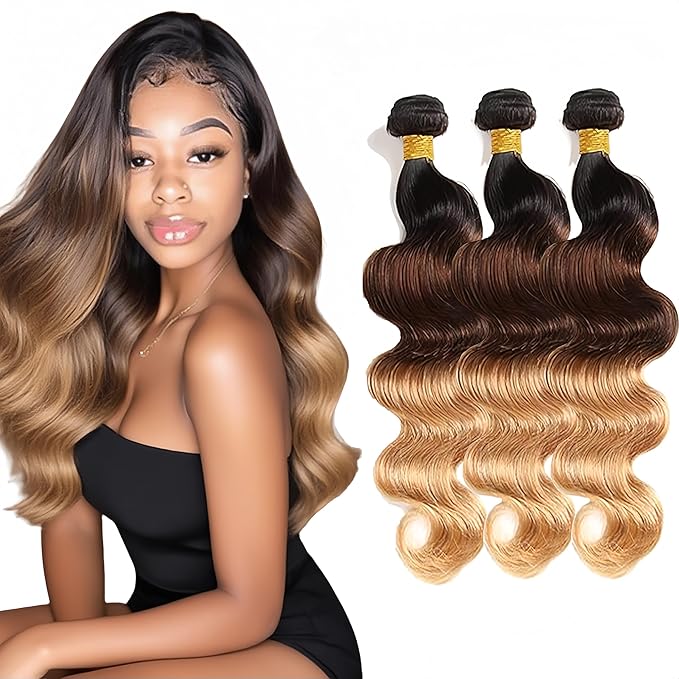 28 30 32 Inch 4/27 Bundles Human Hair Ombre Blonde Body Wave Bundles Niegmeag Virgin Soft and Silky Remy Hair Extensions Double Weft Honey Blonde Bundle Hair Weave