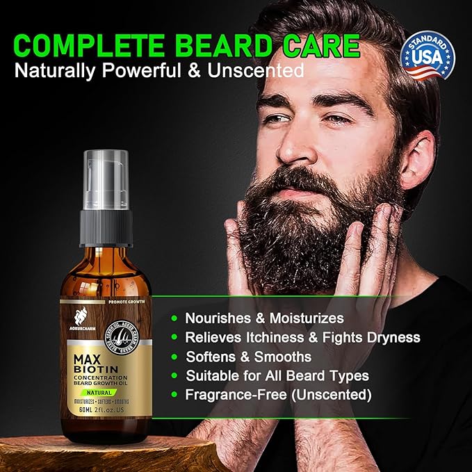 Beard Growth Oil for Men – Natural Biotin Beard Oil with Castor, Vitamin B5 & Grape Seed to Soften, Nourish & Thicken Facial Hair – Conditioning, Moisturizing Grooming Oil, 2oz Gift for Men, Unscented