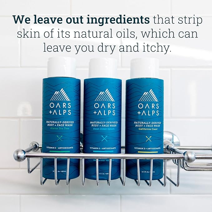 Oars + Alps Body and Face Wash for Men, Mens Body Wash with Vitamin E and Antioxidants, Moisturizing, Hydrating, Paraben & Sulfate Free Cleanser, Fresh Ocean Splash, 2pk