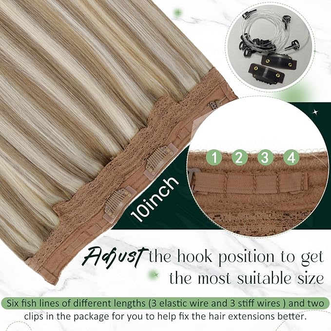 RUNATURE Wire Hair Extensions Human Hair, Invisible Hair Extensions with Transparent Wire, 20 Inch 100g Thick Human Hair Clip in One Piece Extensions, Easy to Apply, Well Blended, #8P24