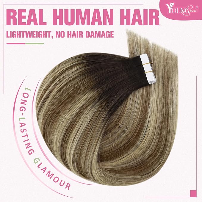 YoungSee Tape in Hair Extensions Human Hair Balayage Brown Hair Extensions Real Human Hair Tape in Dark Brown Ombre Medium Brown with Blonde Hair Tape in Extensions Remy Hair Extensions 14In 20pcs 50g
