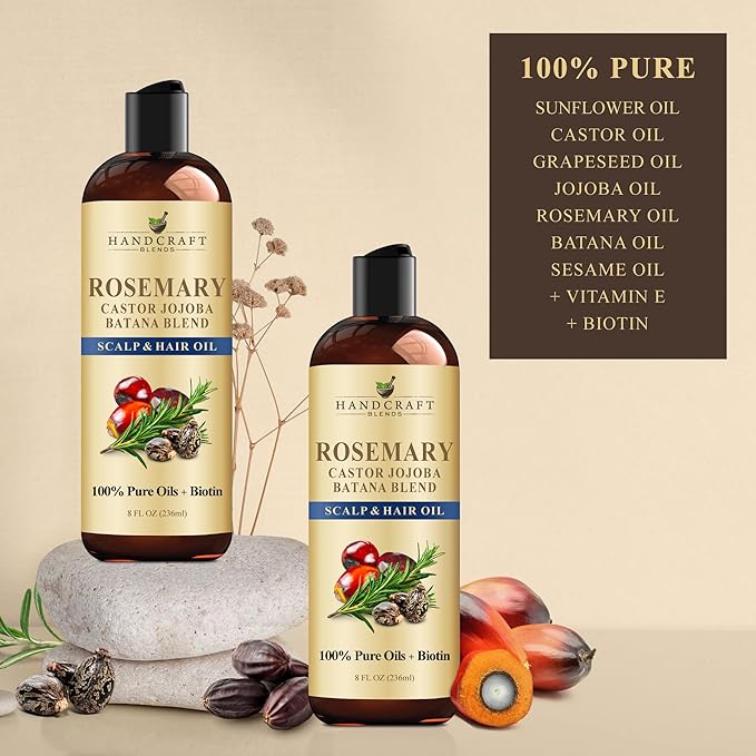 Handcraft Blends Rosemary Oil for Hair Growth with Scalp Massager – 8 Fl Oz – Nourishing Hair Oil – Made with 100% Pure and Natural Rosemary, Castor, Jojoba, and Batana Oils & Biotin