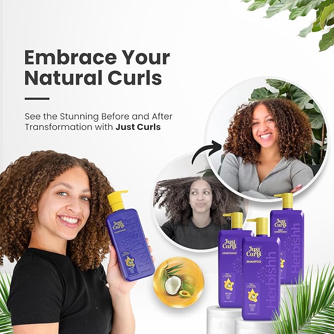Herbishh Curly Hair Shampoo, Conditioner & Deep Conditioner (3 x 16.91 fl oz) Curly Hair Products Gift Set for Women & Men, Sulfate Free Shampoo, Keratin Coconut Avocado Oil, Frizz Control, Vegan