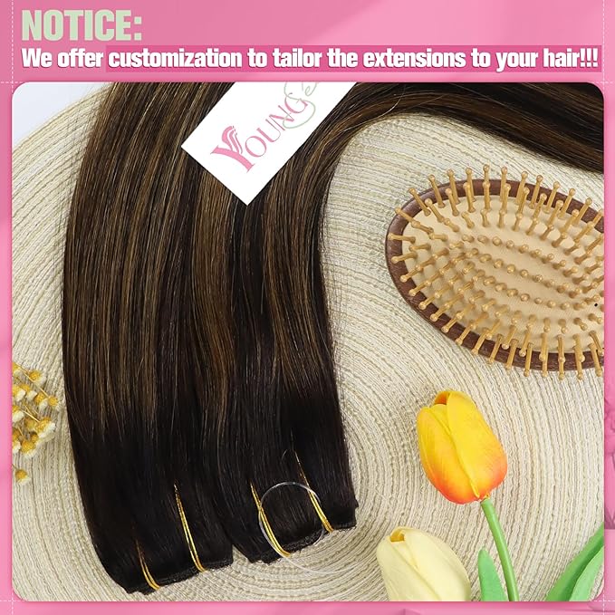 YoungSee Wire Extensions Balayage Straight Real Hair Wire Extensions Balayage Darkest Brown to Medium Brown Headband Wire Hair Extensions Real Human Hair Brown Silky Smooth Hair Extensions 18In 80G