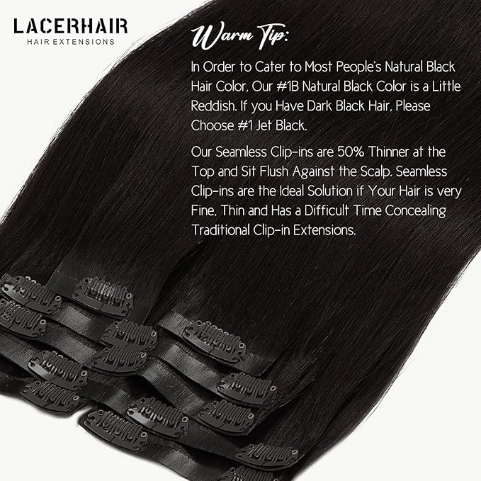 Lacer Hair Seamless Ultra Thin Invisible PU Weft Clip On Hair Extensions 22 Inch 7Pcs 110g Clip in Human Hair for Fine Thin Hair Women #1B Natural Black