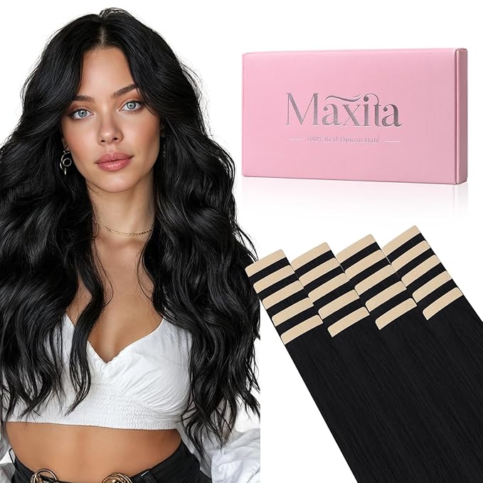 MAXITA Tape in Hair Extensions Human Hair Jet Black 24 Inch Hair Extensions Real Human Hair Invisible Tape in Extensions Seamless Remy Extensions for Women 50g 20pcs