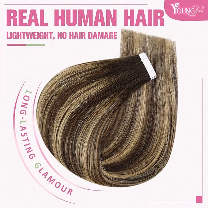 YoungSee Tape in Hair Extensions Human Hair Balayage Brown Tape ins Human Hair Extensions Ombre Dark Brown to Blonde Hair Tape in Extensions 12In Tape on Hair Extensions for Short Hair 20pcs 30g