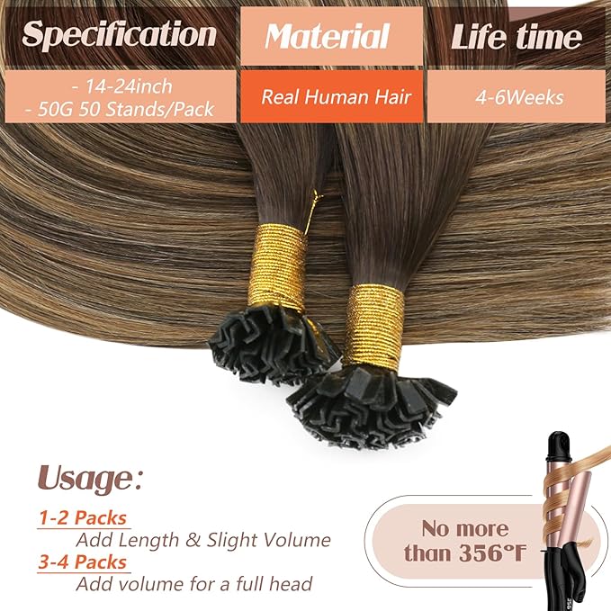 Sunny K Tip Hair Extensions Real Human Hair Balayage Brown with Caramel Blonde Ktip Human Hair Extensions for Women Keratin Hair Extensions Human Hair 14inch 50g