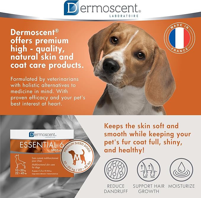 Dermoscent Essential 6 spot-on - Dog Skin Care for Dandruff & Allergy Relief with Vitamin E Oil - Anti Itch for Dogs - Natural Ingredients for Sensitive Skin - Dogs 10-20 kg - 4 Pipettes of 1.2 ml