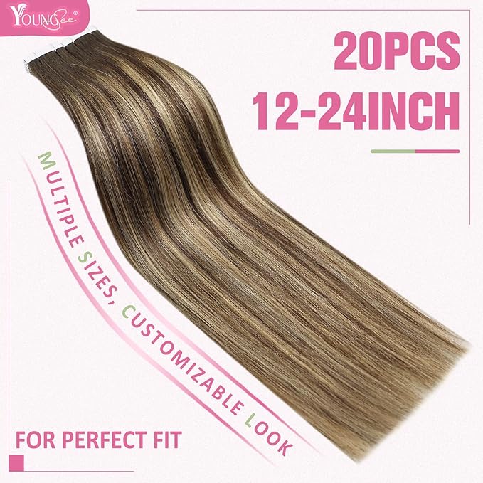 YoungSee Tape in Hair Extensions Real Human Hair Brown Balayage Tape Hair Extensions Real Human Hair Ombre Dark Brown to Caramel Blonde Real Hair Tape in Extensions Human Hair Seamless 14In 20pcs 50g