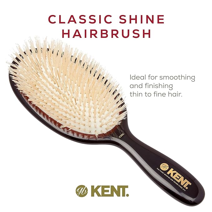 Kent CSGL 9" Large Oval Cushion Straightening Brush and Scalp Brush – Natural White Boar Bristles Hair Brush for Fine or Thinning Hair – Large Cushion Shine & Smoothing (+ Hair Brush Cleaner)