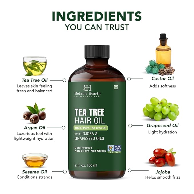 Botanic Hearth Tea Tree Oil For Hair (2 Fl Oz) | With Jojoba & Grapeseed Oils | Soothes Itchy Scalp & Fights Dandruff | Non Gmo Verified - Hair Tonic