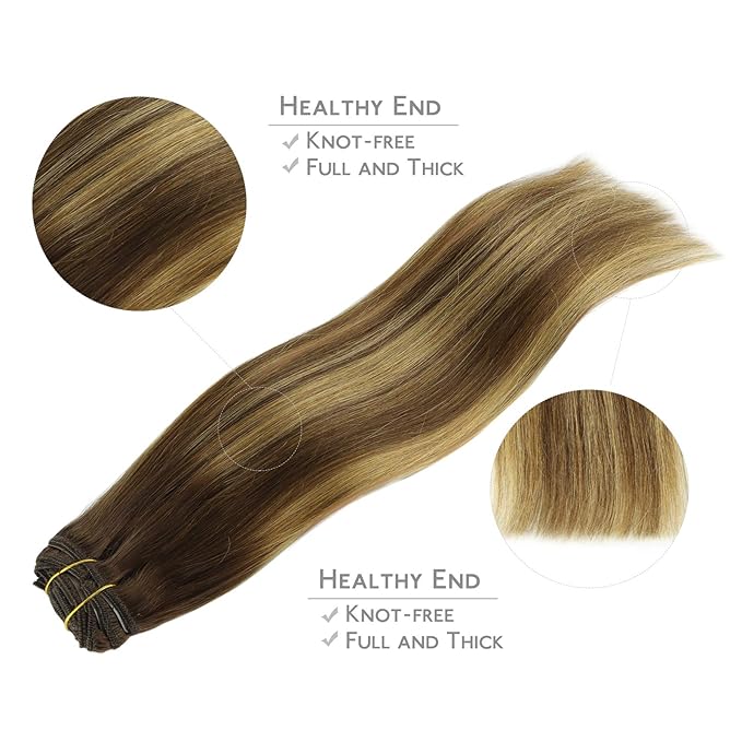WENNALIFE Real Human Hair Extensions, 14 Inch 120g 7pcs Balayage Chocolate Brown to Caramel Blonde
