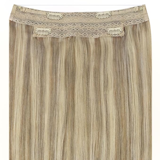 YoungSee Wire Hair Extensions Highlights Human Hair Wire Extensions Light Brown with Blonde Fish Line Hair Extensions for Woman 20inch 100g