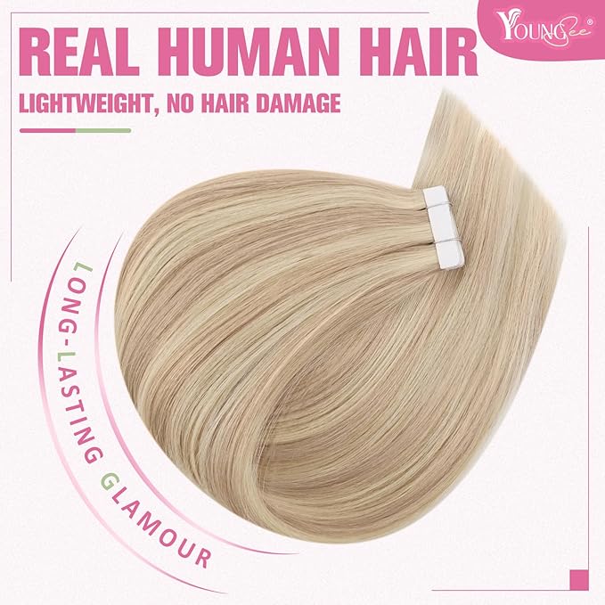 YoungSee Tape in Hair Extensions Real Human Hair Blonde Highlight Tape in Hair Extensions Light Blonde and Strawberry Blonde Highlight Human Hair Extensions Tape in 20In 20pcs 50g Seamless Extensions