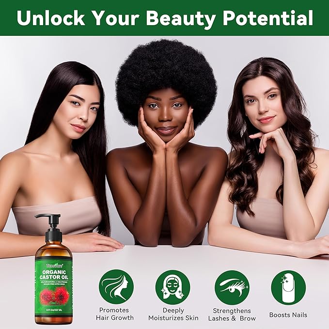 2 Pack Castor Oil Organic Cold Pressed Unrefined Glass Bottle with 2 Pumps – Pure & Hexane-Free for Hair Growth, Skin Care, Lashes, Brows, Body Nourishment – Ideal for Caster Oils Pack Wrap