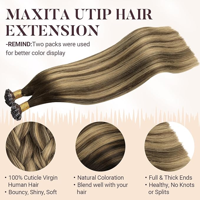 MAXITA U Tip Hair Extensions Human Hair, Balayage Chocolate Brown to Caramel Blonde Virgin Human Hair Extensions Real Human Hair, 50g/50 Strands/Pack, 16 In