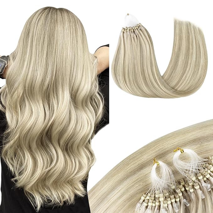 MAXITA Microlink Hair Extensions Human Hair, Ash Blonde Highlighted Platinum Blonde Micro Bead Hair Extensions Virgin Human Hair, 50g/50 Strands/Pack, 22 In