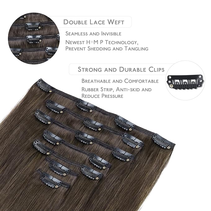 WENNALIFE Clip in Hair Extensions Real Human Hair, 20 Inch 120g 7pcs Human Hair Extensions Clip In Human Hair, Cool Dark Brown Clip In Real Hair Coloured Remy Human