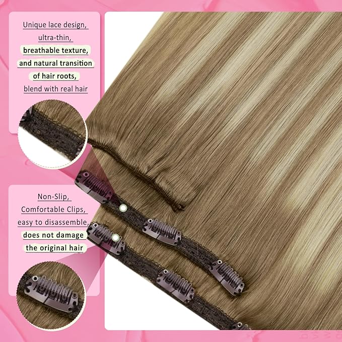 YoungSee 24In Clip on Hair Extension Balayage Clip in Hair Extensions Human Hair Medium Brown Fading To Brown Mix Platinum Blonde Balayage Soft and Silky Clip in Real Hair Extension for Long 120G 7Pcs