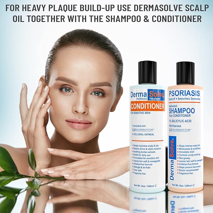 DermaSolve Scalp Psoriasis & Dandruff free Medicated Shampoo with Conditioner, Ultimate Seborrheic Dermatitis Treatment for Itchy, Flakey Scalp, Soothing & Moisturizing Relief