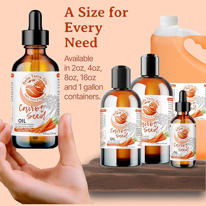 Bella Terra Oils - Organic Carrot Seed Oil 8 oz - Unveiling Organic Carrot's Enzymes & Nutritional Benefits, A Cold-Pressed Delight for a Natural Skin Glow