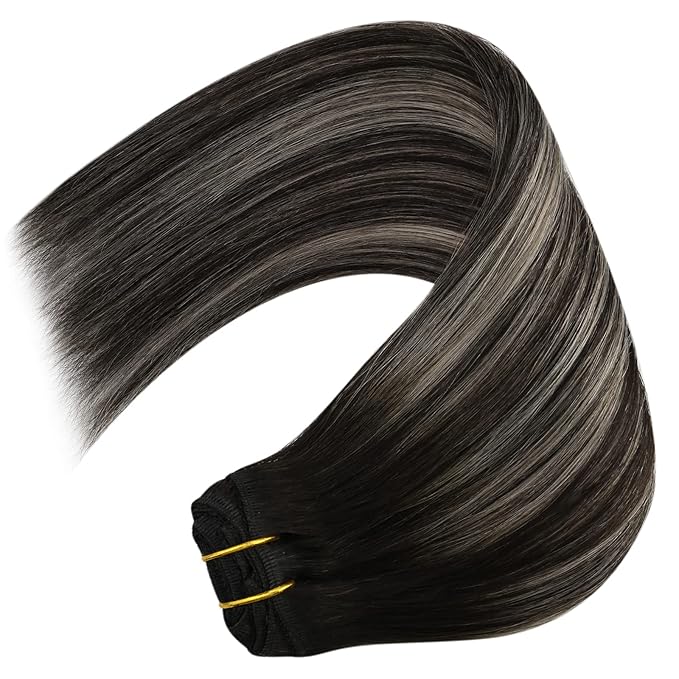 YoungSee 135G Clip in Hair Extensions Ombre Clip in Hair Extensions Human Hair Blend of Black and Silver with Black Roots Black Women for Natural Look 16In