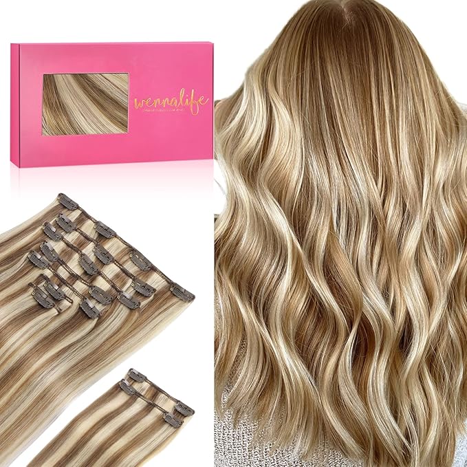 WENNALIFE Hair Extensions Clip In, 9pcs 16inch 150g Ash Brown Highlighted Golden Blonde Thicker Clip In Hair Extensions Real Human Hair Remy hair extension Double Weft Clip in Human Hair Extensions