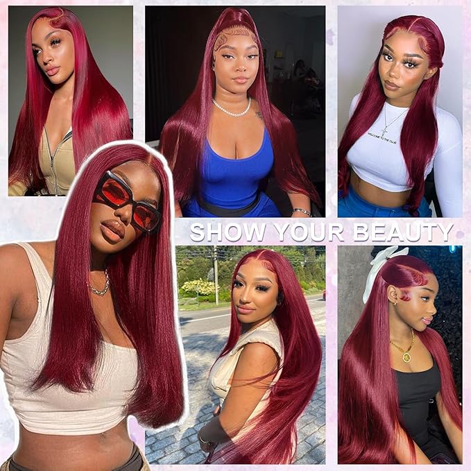 99j Burgundy Lace Front Wigs Human Hair Pre Plucked 9x6 HD Lace Red Wig Human Hair Wear And Go Glueless Wigs 220 Density Red Straight Wig for Women with Baby Hair 28Inch