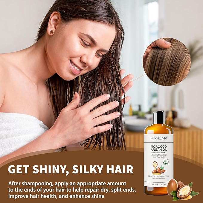 Organic Moroccan Argan Oil 16 Fl Oz, USDA Certified 100% Pure & Natural Carrier Oil For Dry, Damaged Skin, Hair, Face, Body & Scalp Moisturing, Massage Oils for Essential Oils Mixing (473ml)