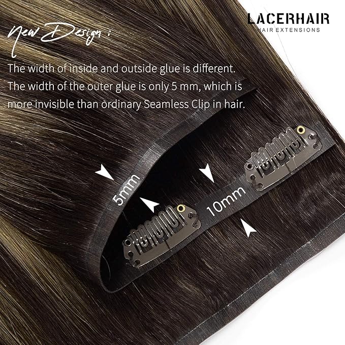 Lacer Hair Remy Human Hair Clip in Extensions Full Head Silky Straight Tape Weft Invisible Clip on Hair Extensions Human Hair Chestnut Brown Mixed Dark Brown with Brown Roots R#2-2/6 22 Inch 110g 7pcs