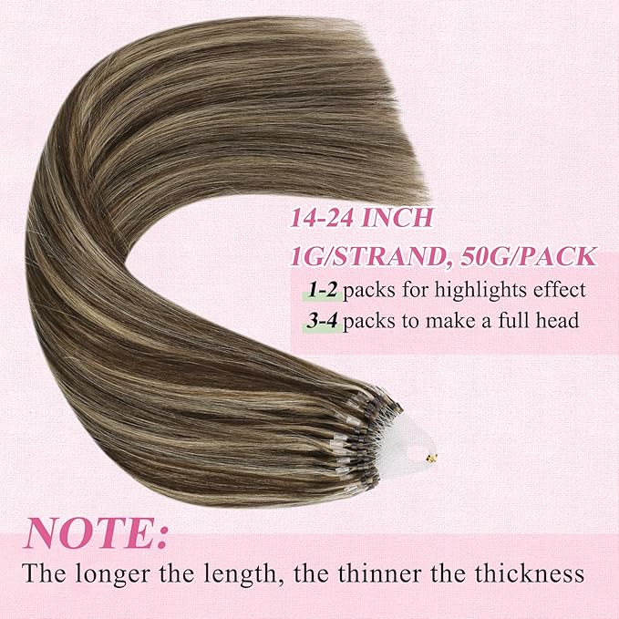 YoungSee Microlink Hair Extensions Human Hair Brown Highlight Micro Beads Hair Extensions Dark Brown Highlight Caramel Blonde Bead Hair Extensions Real Human Hair Short Hair Extensions 14 Inch 50g 50s